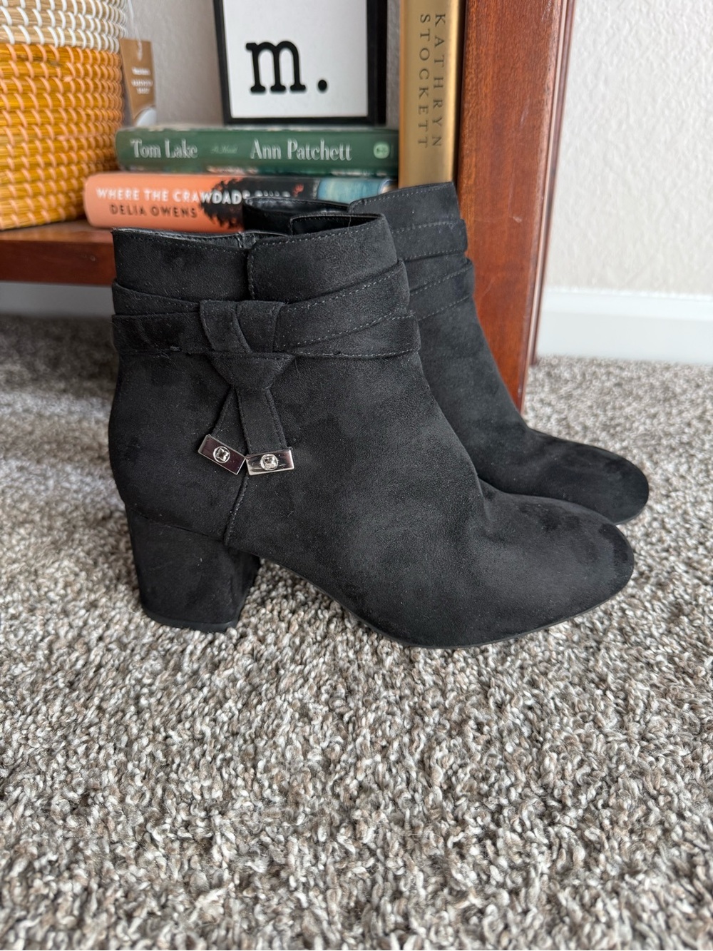 Black Suede Ankle Boots with Knot Accent - Women's